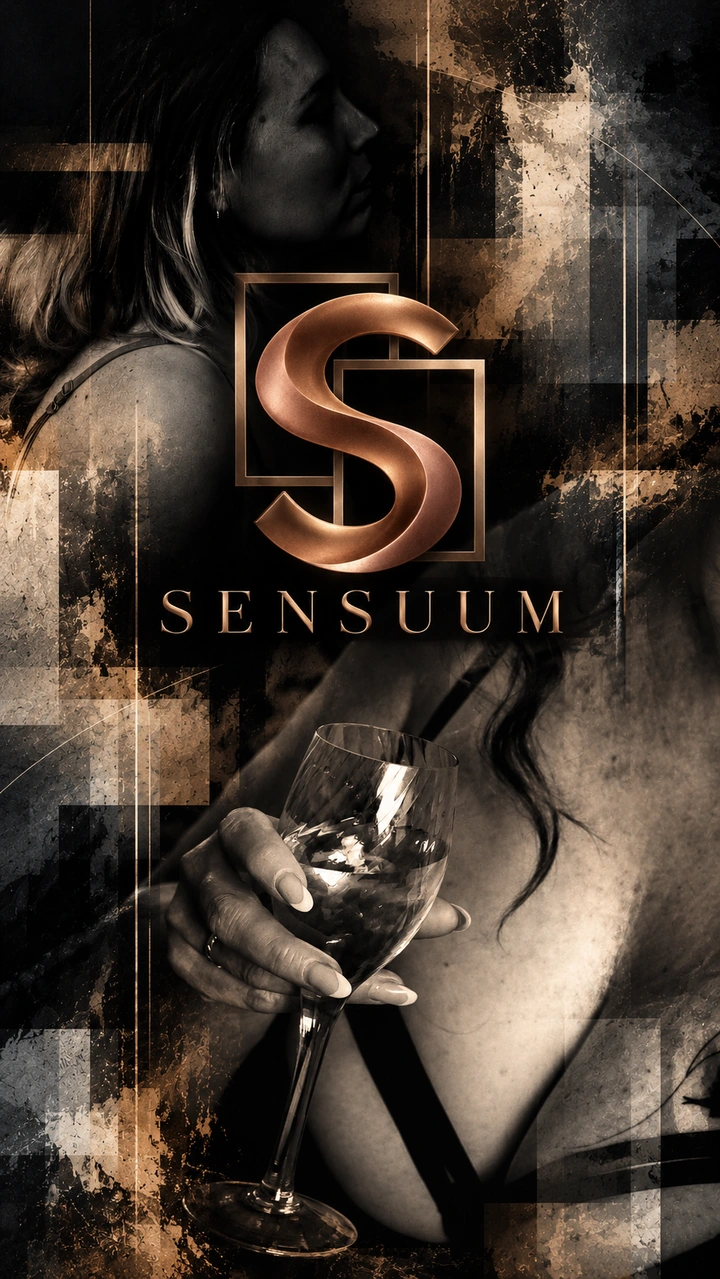 SENSUUM-Collage mit Porträt, Hand mit Glas, abstrakten Flächen und kupfernem Logo.