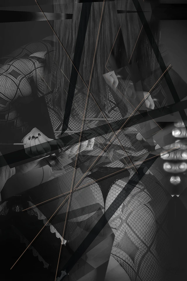 Verwerfung – fotografische Überlagerung einer Figur mit Netzstoff und geometrischen Linien.